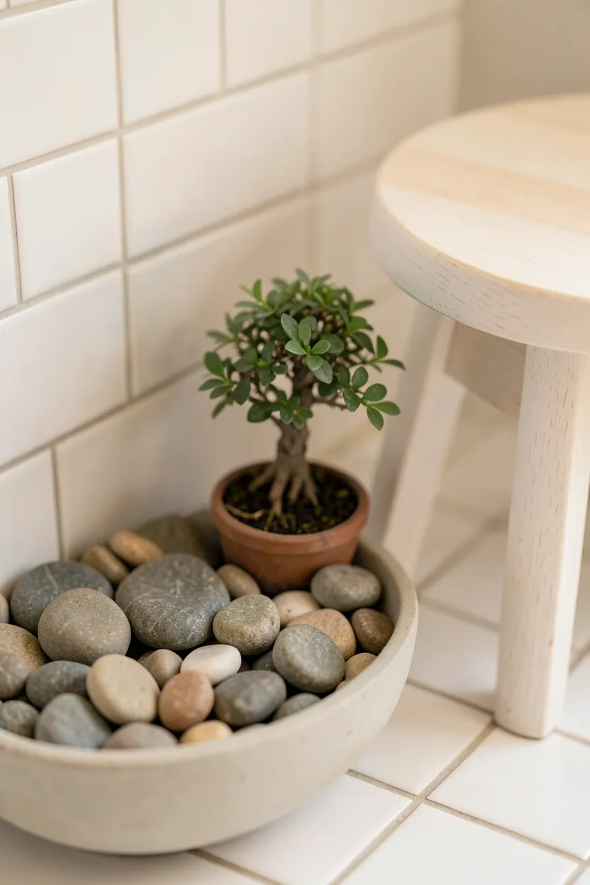 Small zen garden corner with smooth river stones and a bonsai in a japandi bathroom — meditative Japanese accent
