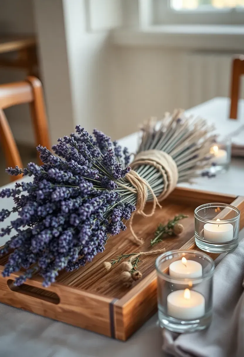 rustic dried lavender bundle wrapped in linen and twine on a wooden tray with candles at a baby shower celebration