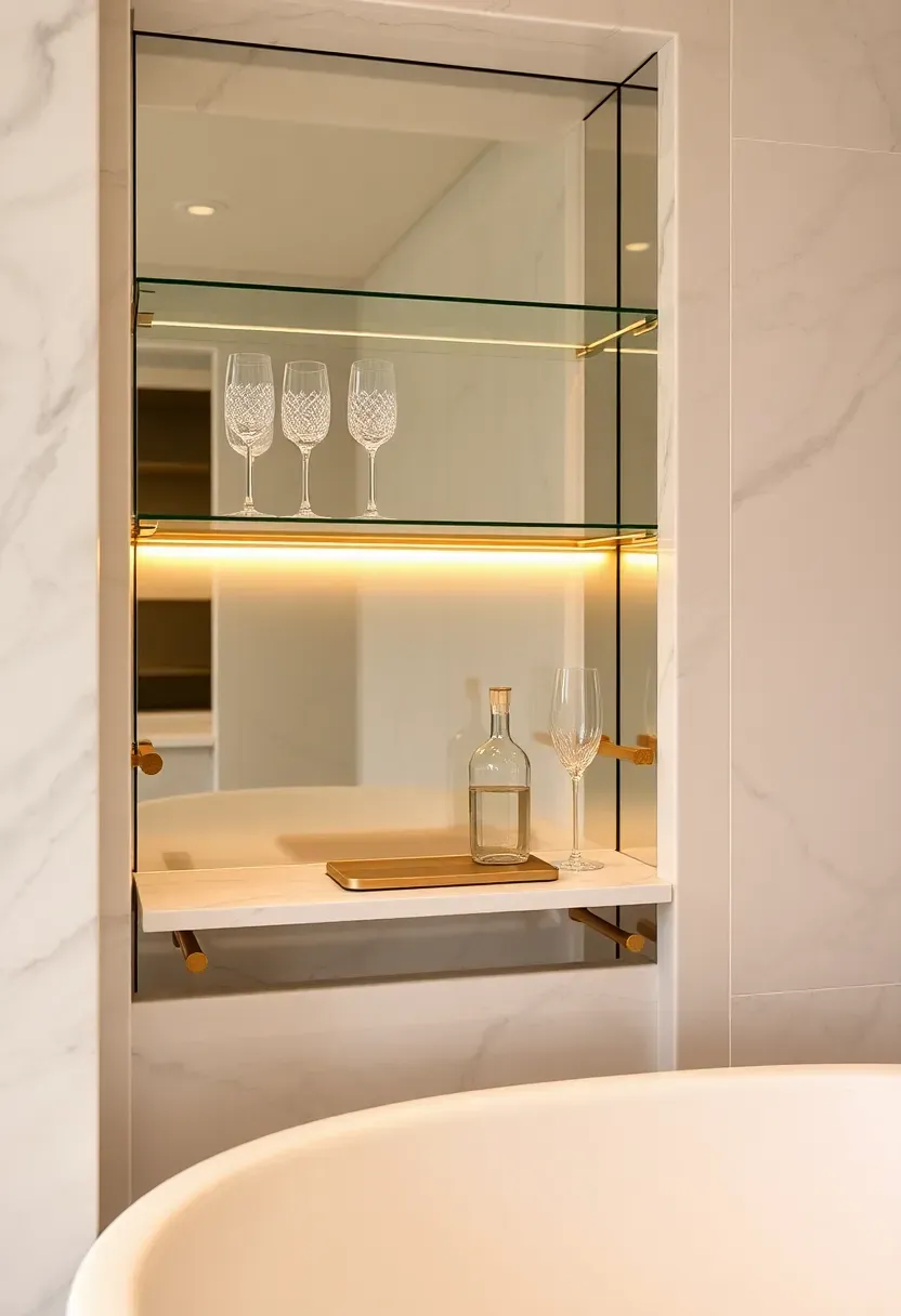 Elegant bathroom with a built-in champagne bar nook featuring glass shelving and gold accents