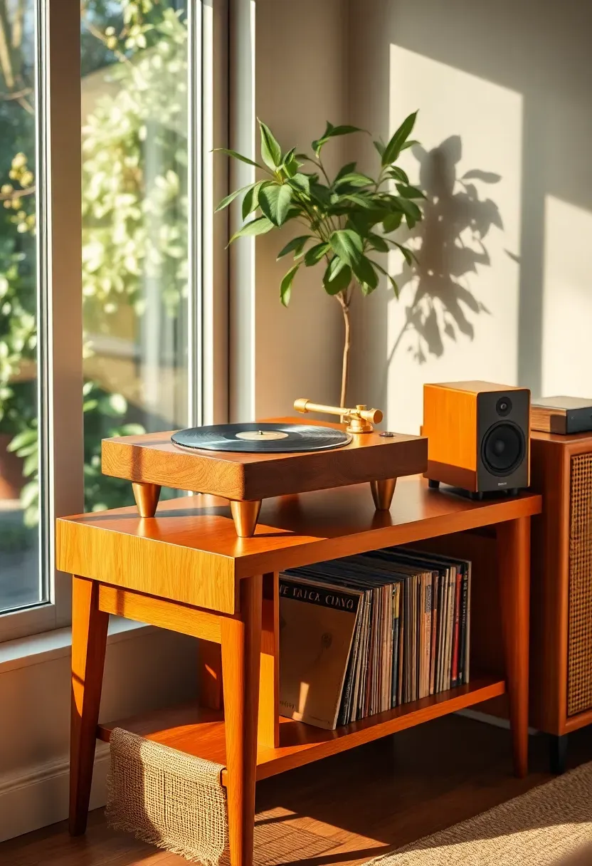 Vintage wooden record player on a mid-century console table in a sunroom corner with vinyl records stored below and warm afternoon light