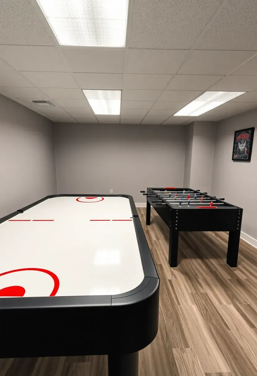 basement game area with air hockey table and foosball table side by side under bright overhead lighting