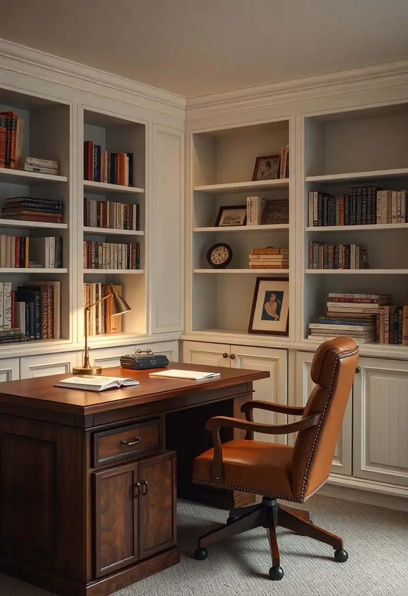 Basement home office with a large L-shaped desk, built-in bookshelves floor to ceiling, task lighting, and a leather desk chair