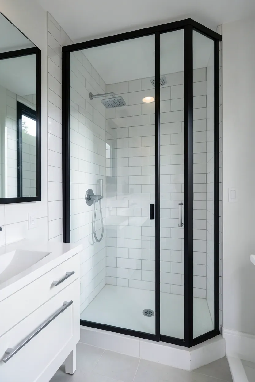 Hyper-realistic eye-level photograph of a modern black bathroom featuring frameless shower enclosure with matte black frame and clear glass, white subway tile walls inside shower visible through glass, white vanity outside, chrome fixtures. Natural light. Materials: matte black metal frame, clear tempered glass, white ceramic tiles, chrome fixtures. Dramatic black-framed glass. Clean modern aesthetic. No text, no logos, no watermarks.</p>