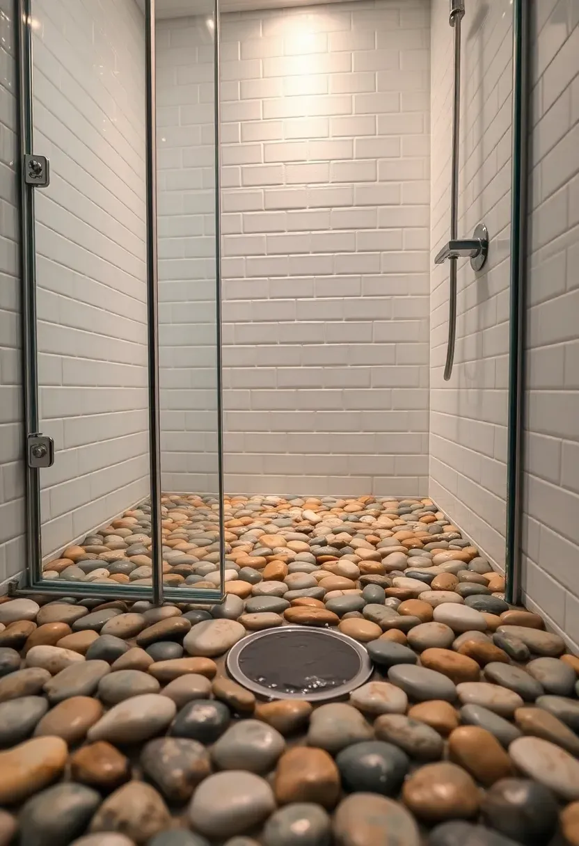Walk-in shower with a sloped pebble stone floor in natural river rock tones, glass partition, and white subway tile walls with warm recessed lighting