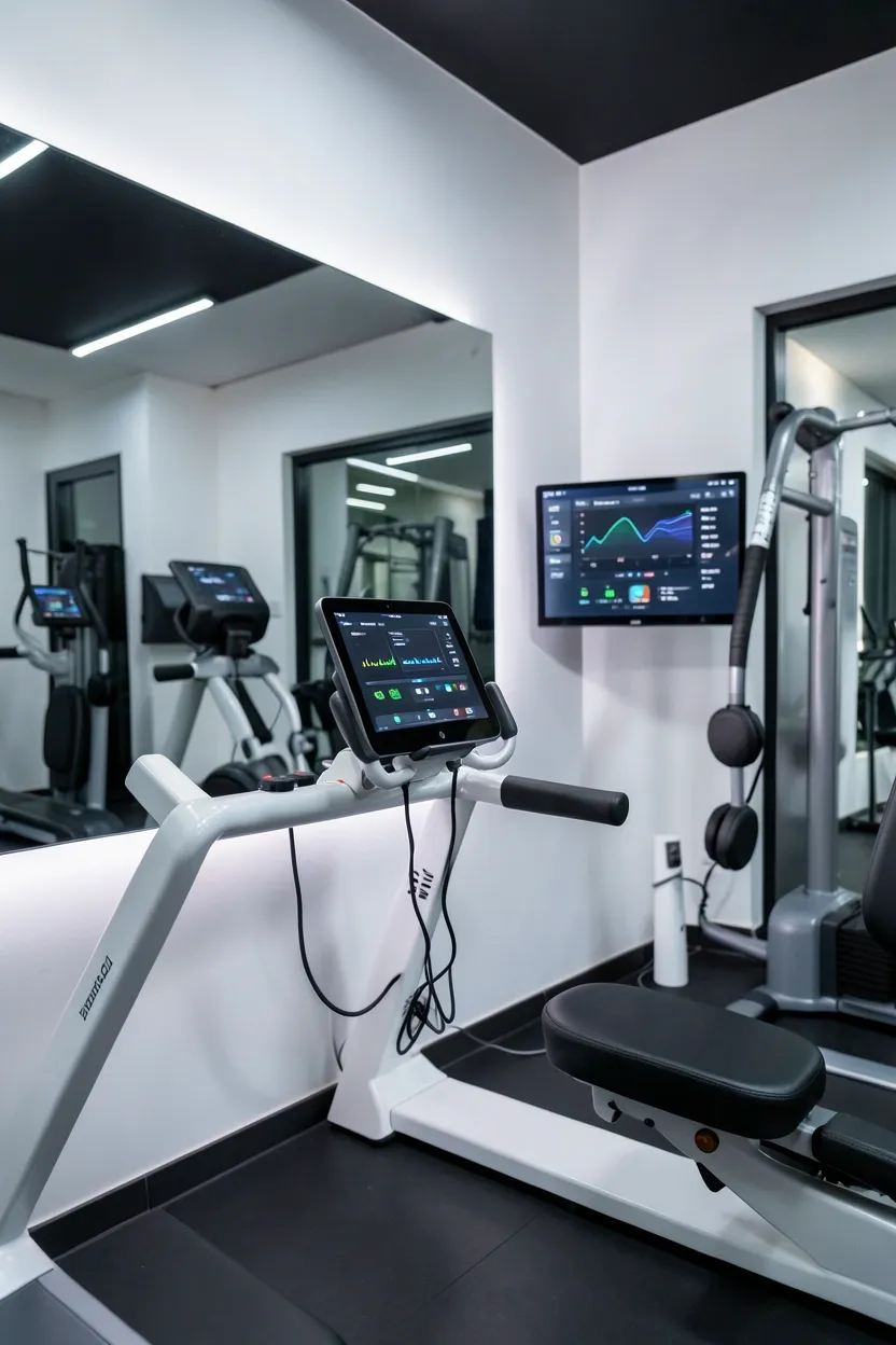 Smart tech-enabled home gym with connected mirror display, Bluetooth treadmill, app-controlled LED lighting, and tablet hub