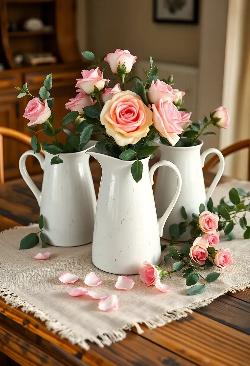 Three white ironstone pitchers of different heights filled with blush garden roses and pale greenery arranged on a distressed wooden dining table runner