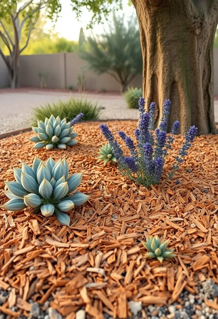 Mesquite chip mulch beds around native desert plants in an Arizona backyard with warm reddish-brown wood chips and a palo verde tree overhead