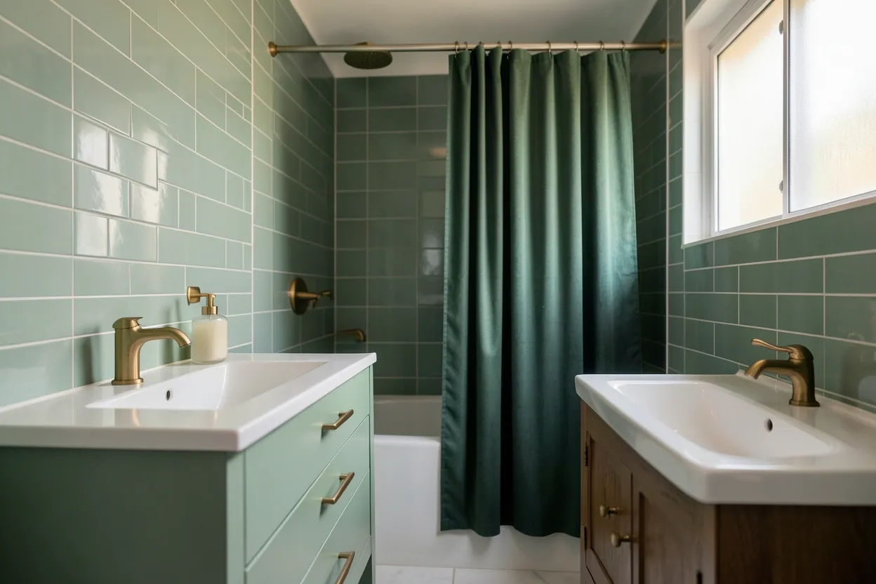 Collection of green apartment bathroom ideas featuring sage subway tiles, emerald wallpaper accents, and forest green shower curtains in calm modern rental spaces