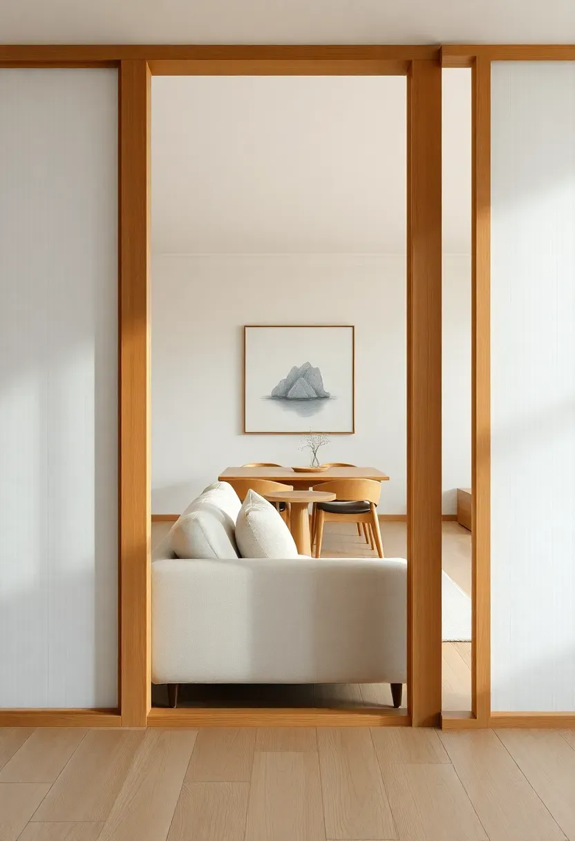 Hyper-realistic 3/4 view of modern Japandi living room featuring wooden frame shoji-style room divider with translucent paper panels, partially separating living area with cream sofa from dining area beyond. Materials: light wood frame, rice paper translucent panels, light oak flooring, cream linen sofa. Soft diffused natural light creating gentle shadows through divider panels. Serene separated-yet-connected mood. Shallow depth of field, sharp details on wood frame joinery, layered composition, visible room context extending through divider. No text, no logos, no watermarks.</p>