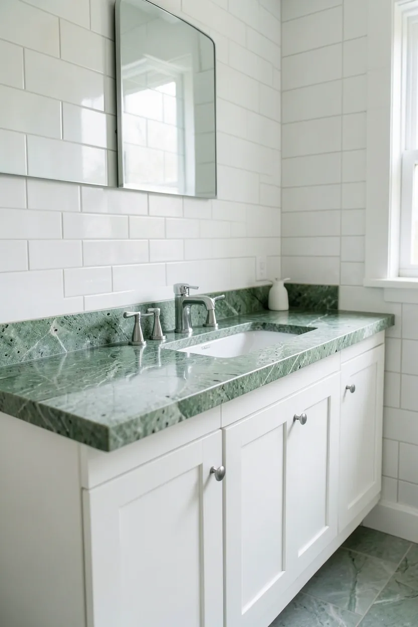 Hyper-realistic eye-level photograph of a luxurious green bathroom vanity featuring natural green marble countertop with subtle sage and forest veining, white vanity cabinet, white undermount sink, chrome faucet, white subway tile wall. Natural light illuminating marble details. Materials: natural green marble, white wood, chrome fixtures, white ceramic. Luxurious natural stone aesthetic. Unique veining patterns. No text, no logos, no watermarks.</p>