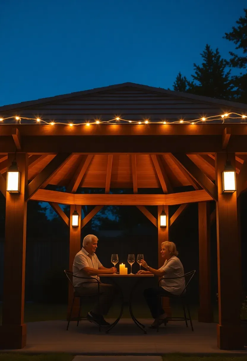 A backyard gazebo at dusk with solar-powered string lights glowing warmly around the roof perimeter, solar post cap lights on each column, and a couple sitting inside with candles on the table