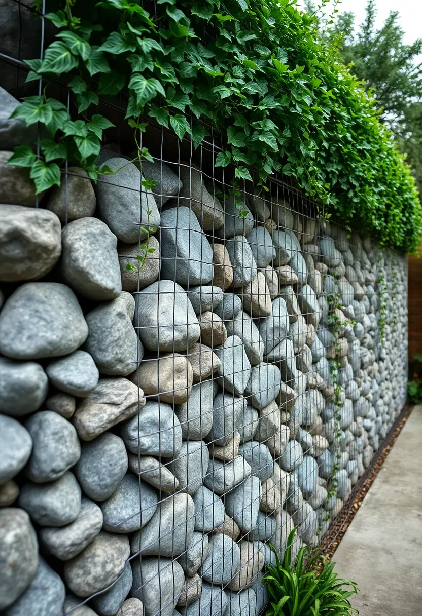 Tall gabion wall filled with gray river rocks with built-in planter pockets overflowing with trailing greenery in a backyard