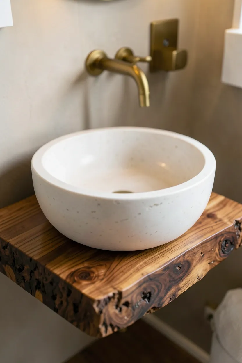 Stone Vessel Sink with Live Edge Wood Base