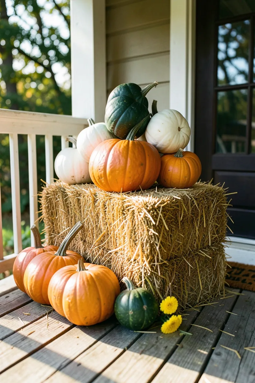 Hyper-realistic 3/4 view of a fall front porch corner featuring a square hay bale stacked with assorted pumpkins and gourds in orange, white, and green. Materials: dried golden hay bale, ribbed pumpkin surfaces, smooth gourd textures, small yellow mum, weathered porch floorboards. Warm afternoon sunlight filtering through trees, soft shadows on the porch. Rustic harvest atmosphere. Shallow depth of field, sharp details on hay texture and pumpkin stems, balanced composition showing porch railing and front door. No text, no logos, no watermarks.</p>