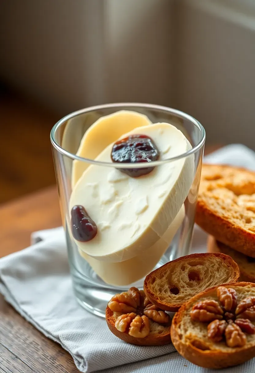 French-inspired charcuterie cup with brie cheese, fig jam and baguette slices