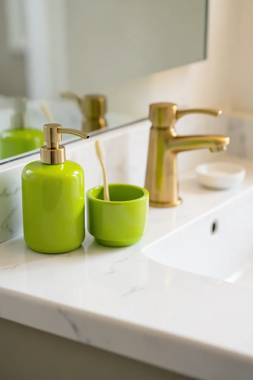 Small apartment bathroom vanity with lime green soap dispenser, toothbrush holder, and small tray as accent accessories on a white countertop