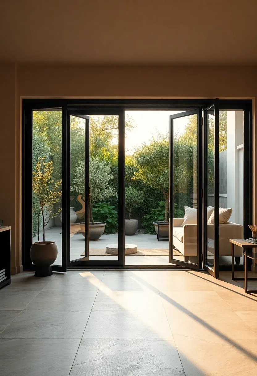 Living room with massive folding glass doors fully open to a patio garden, blurring the boundary between indoor and outdoor with continuous stone flooring