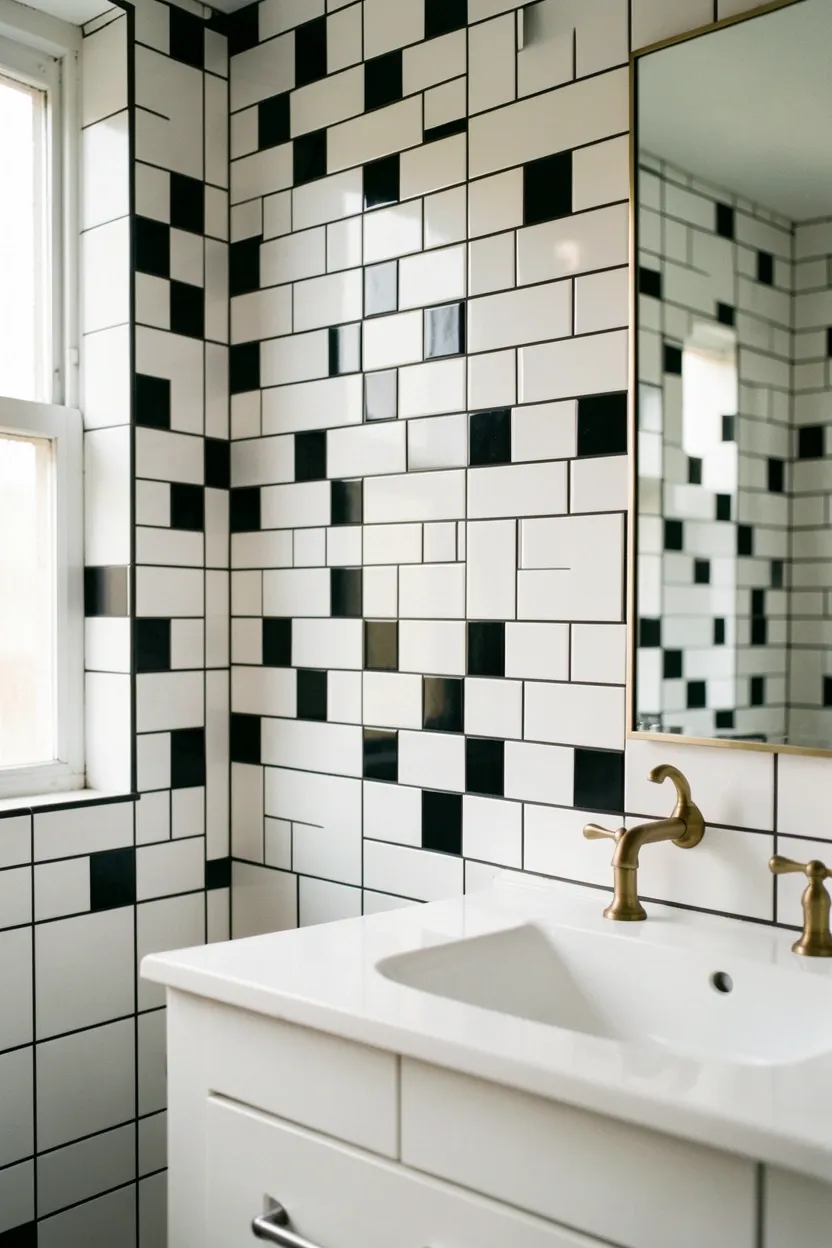 Black ceramic accent tiles scattered in a white subway tile shower wall — subtle contrast pattern for a budget rental bathroom