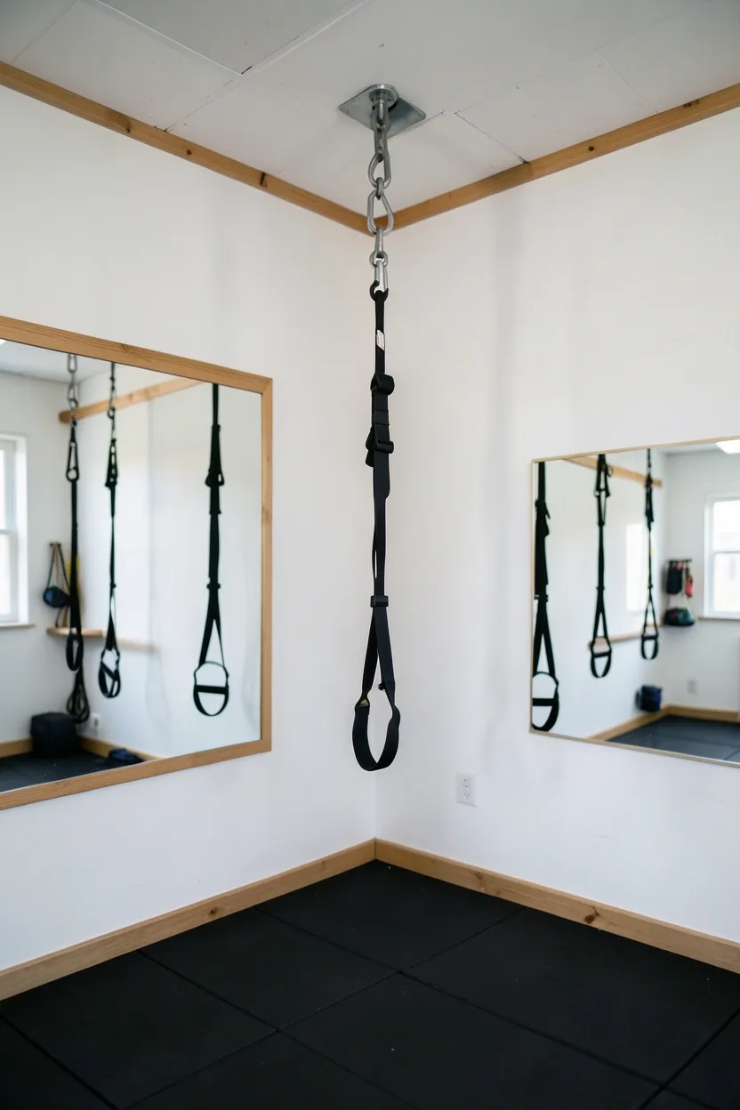 Compact apartment gym corner with TRX suspension trainer mounted to ceiling and rubber floor tiles