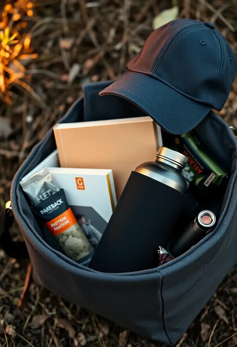 daddy daypack gift basket for new dad with insulated bottle holder dad joke book baby carrier guide snacks and a baseball cap in a dark gray basket
