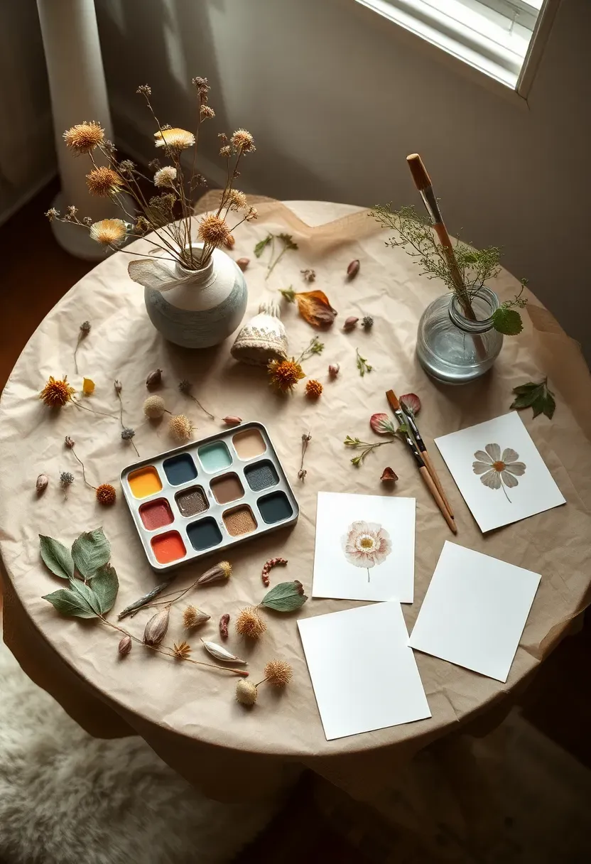 Botanical watercolor activity station for baby shower with pressed flowers, watercolor paints, and blank cards