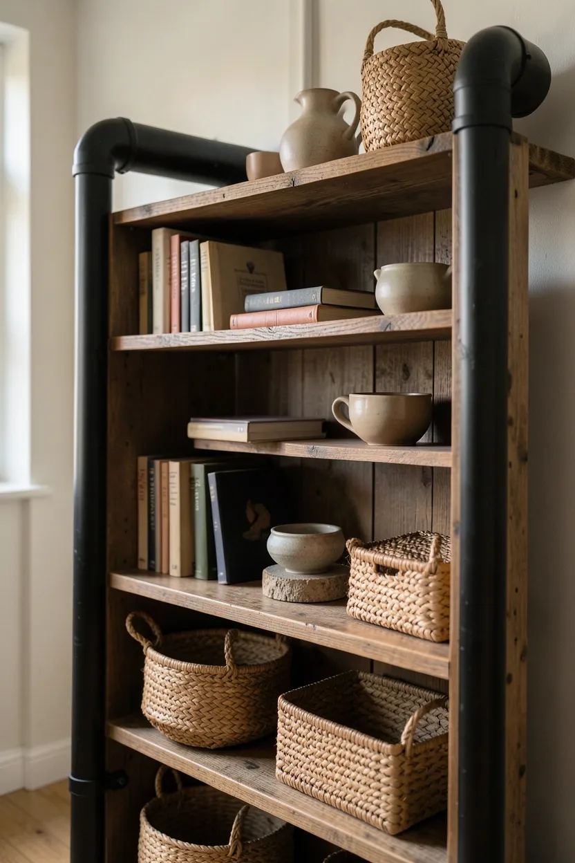 Industrial pipe and reclaimed wood open shelving unit styled with vintage ceramics and woven baskets in farmhouse living room