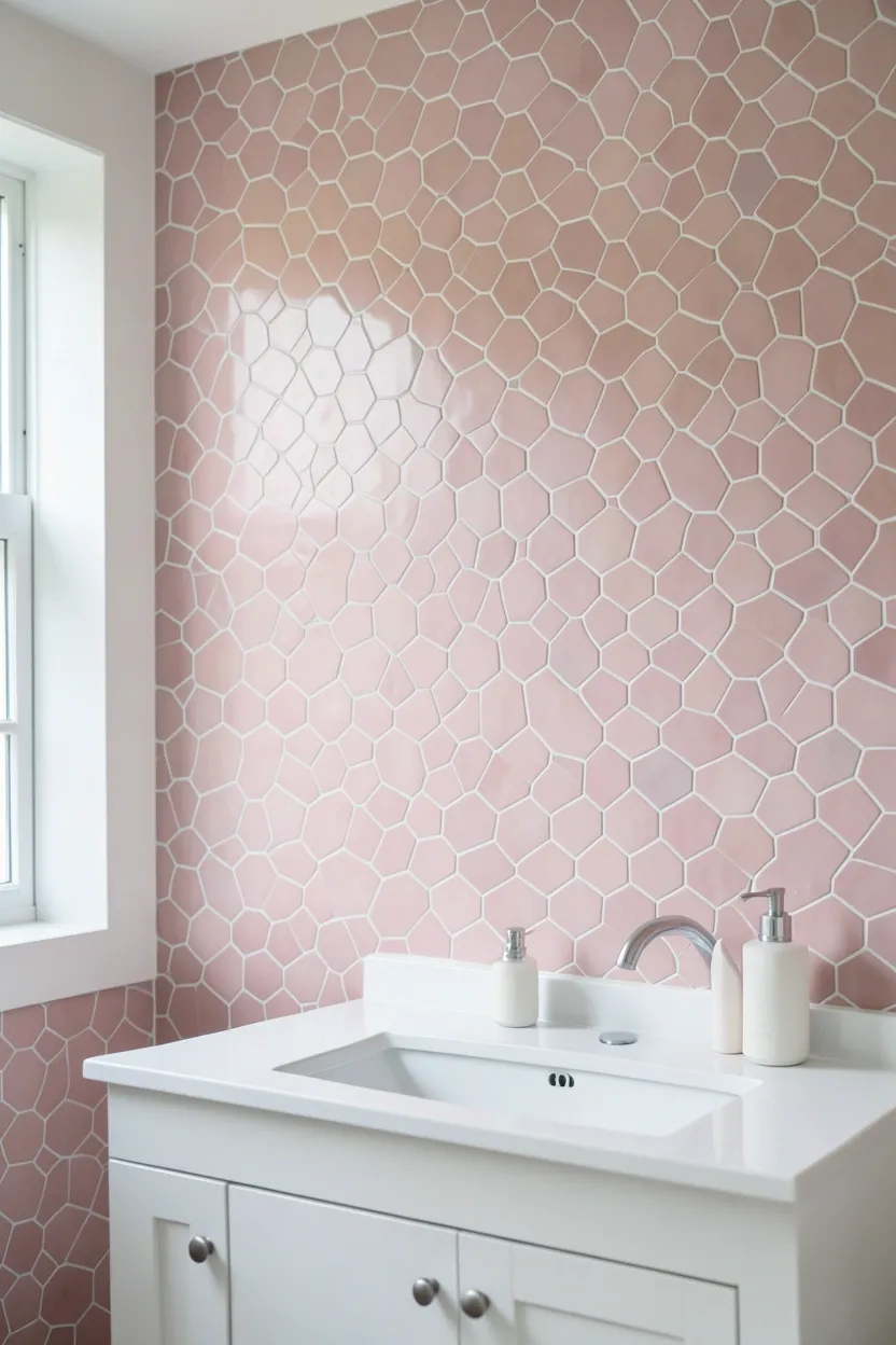 Geometric pink hexagon tile wall in a modern bathroom with contrasting dark grout, contemporary pattern as a vanity feature wall