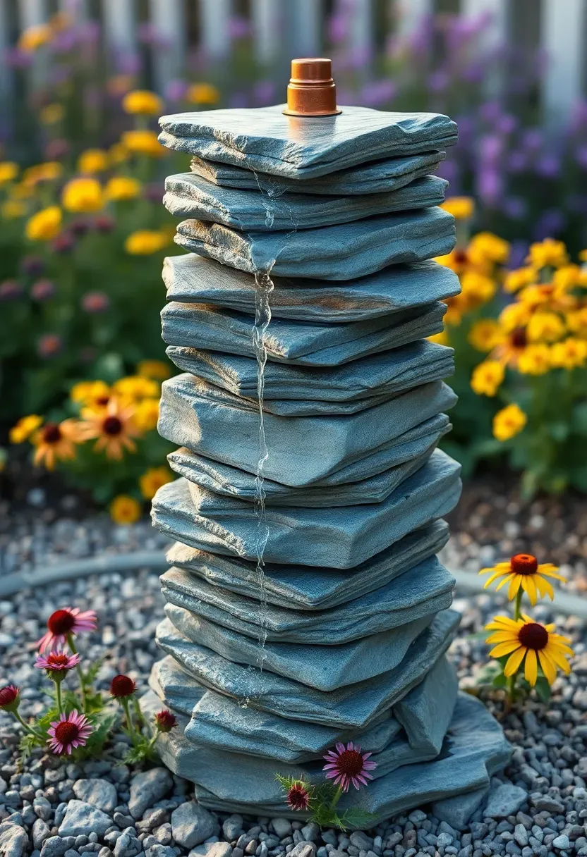 A stacked natural slate pillar fountain with water trickling down layered stone surfaces in a perennial garden bed