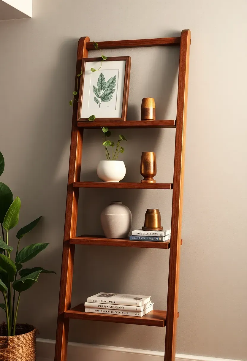 Rustic wooden ladder shelf leaning against a basement wall holding small plants, framed photos, and decorative objects