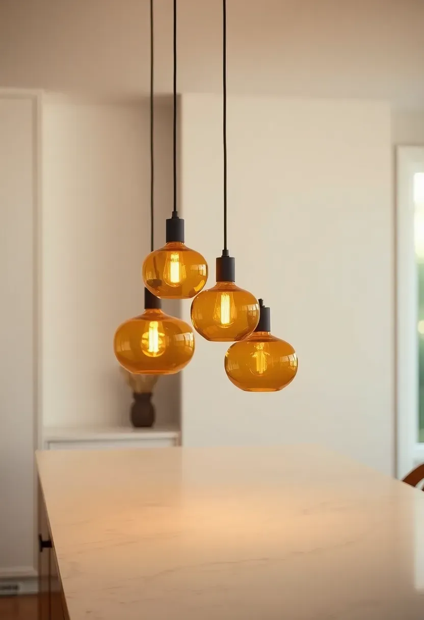 Kitchen island with cluster of three amber glass pendant lights hanging at different heights over a white marble waterfall countertop, warm evening ambiance