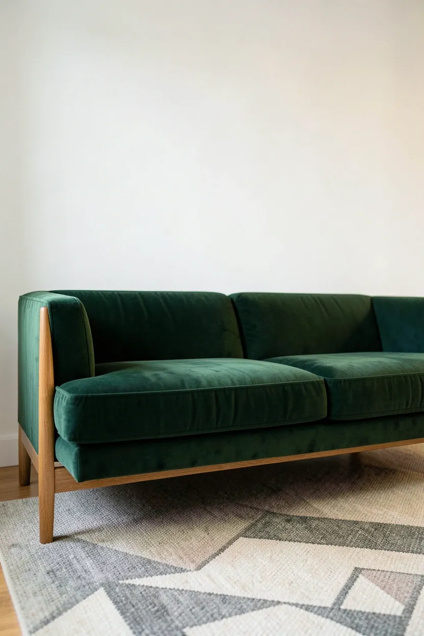 Deep burnt orange velvet sofa with clean wooden legs as a dramatic focal point in a vintage Scandinavian living room