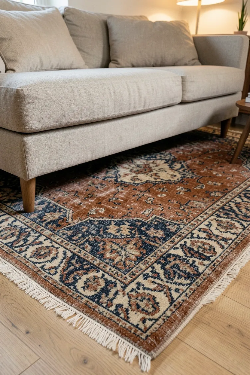 Faded Persian rug layered over light hardwood floor under a mid-century coffee table and sofa in a rental apartment