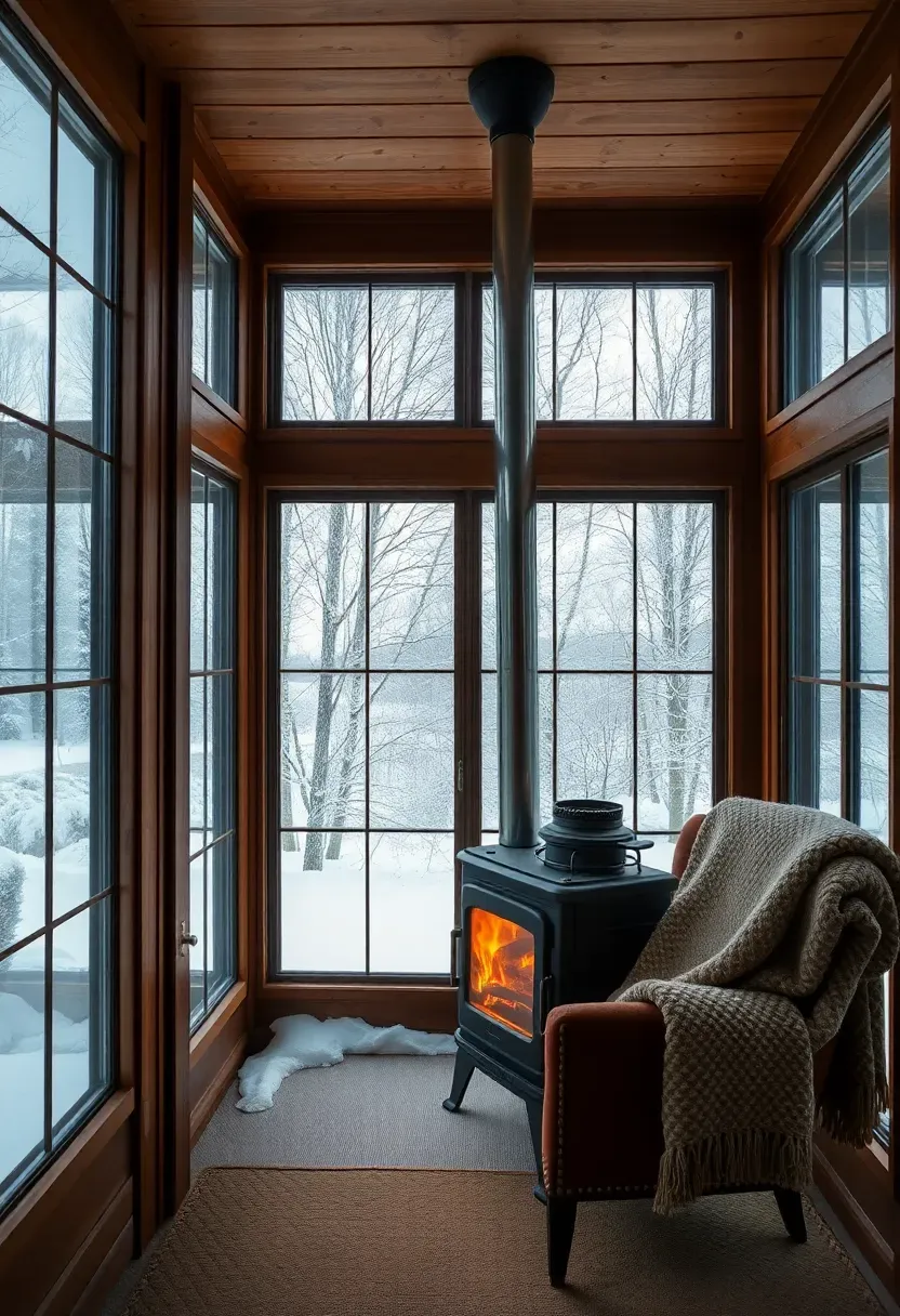 An enclosed four-season gazebo with insulated glass window panels, a small wood stove with chimney pipe, comfortable seating inside, snow visible outside on a winter day