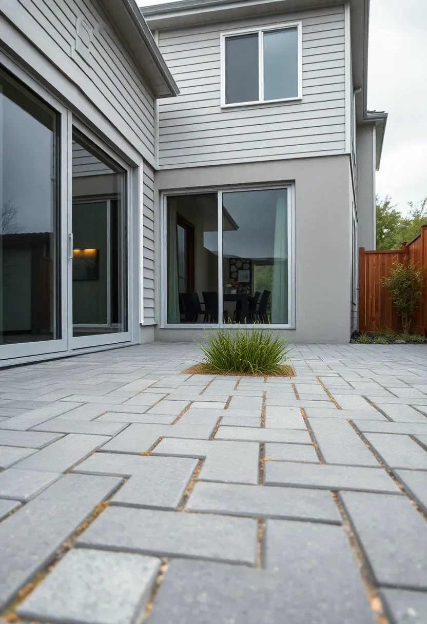 Running bond gray concrete pavers forming a clean straight-line patio behind a modern house