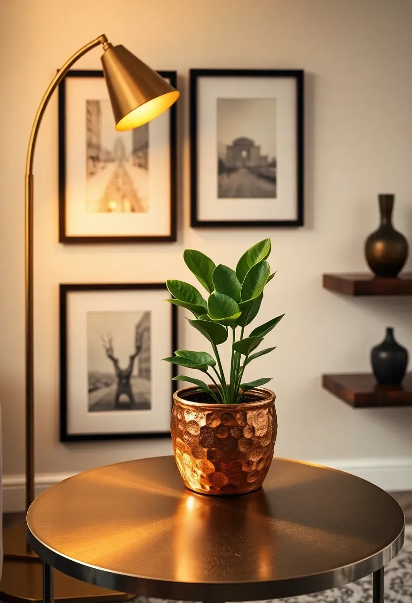 Living room detail showing a brass floor lamp, matte black picture frames, a brushed nickel side table, and copper plant pot arranged together