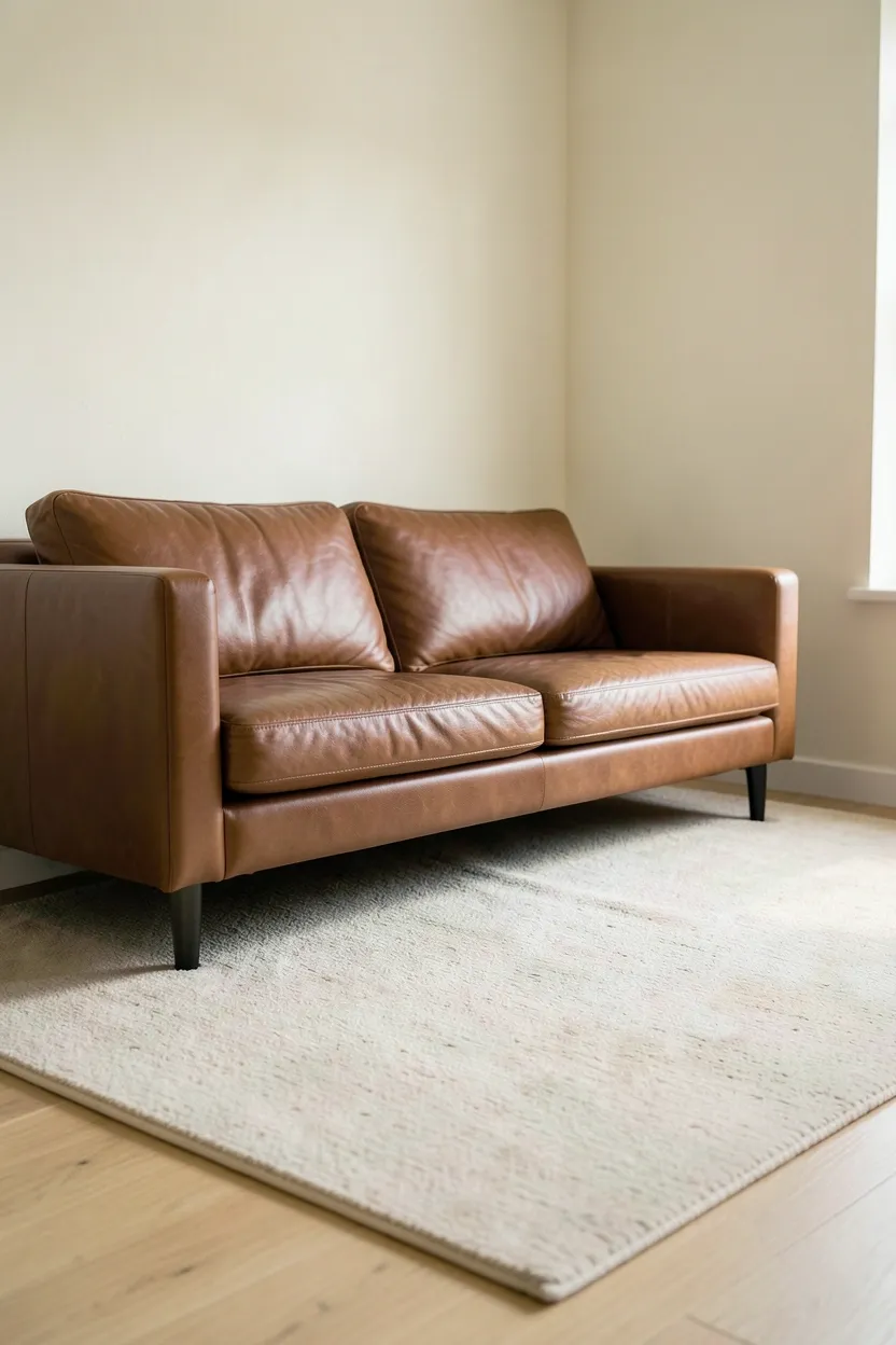Light beige flatweave rug grounding a brown couch in a minimalist rental living room with light wood floors
