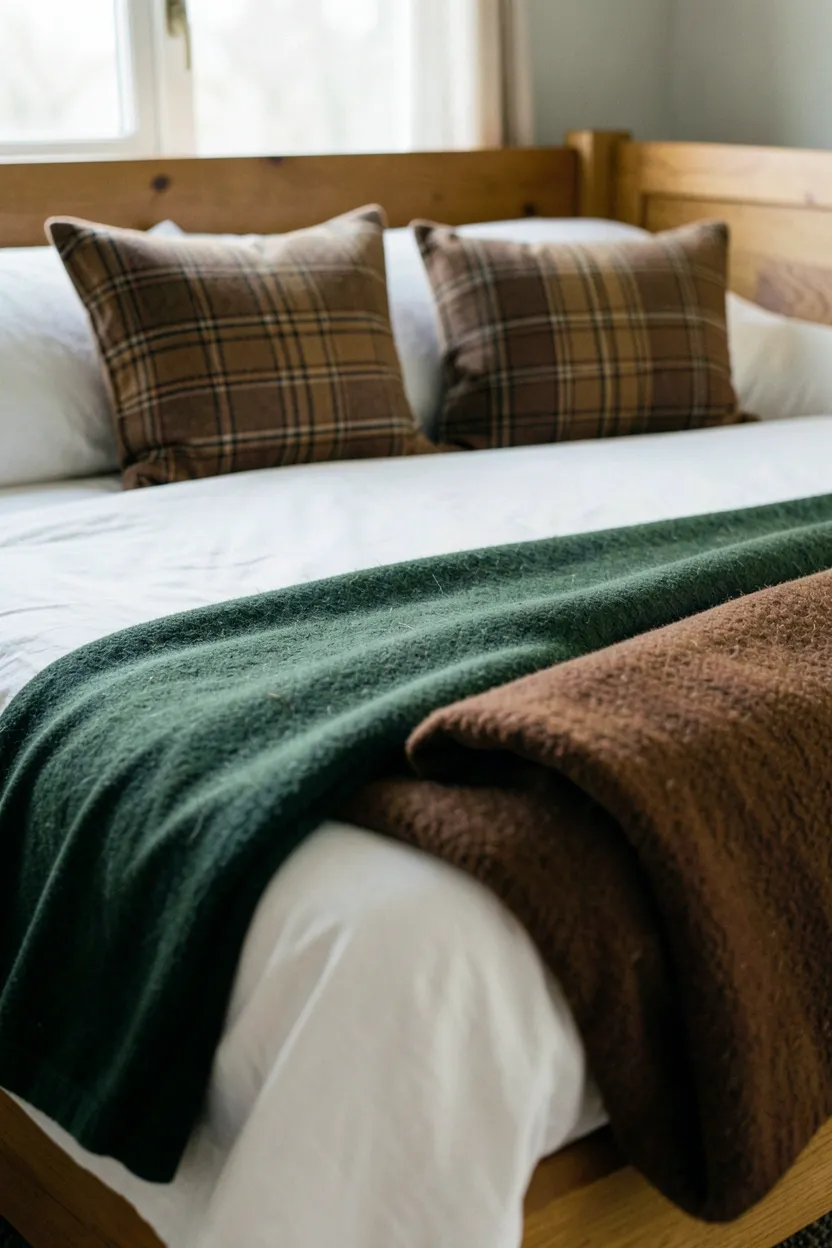 Hyper-realistic eye-level photograph of neatly made bed featuring warm wool blankets in earth tones folded at foot of bed. Two blankets—one in deep forest green, one in rich burnt brown—white linen sheets underneath, two brown plaid accent pillows, wooden bed frame visible. Natural light from window. Materials: thick wool blankets with visible weave, white linen sheets, wooden bed frame. Soft natural light, cozy layered atmosphere. Shallow depth of field, sharp details on wool texture and colors, balanced composition showing bed styling. No text, no logos, no watermarks.</p>