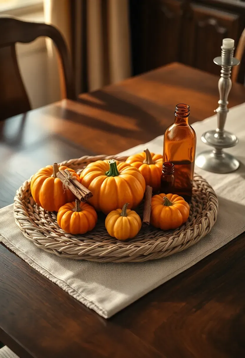 Seasonal woven tray display with autumn elements including small pumpkins, cinnamon sticks, and amber glass bottles