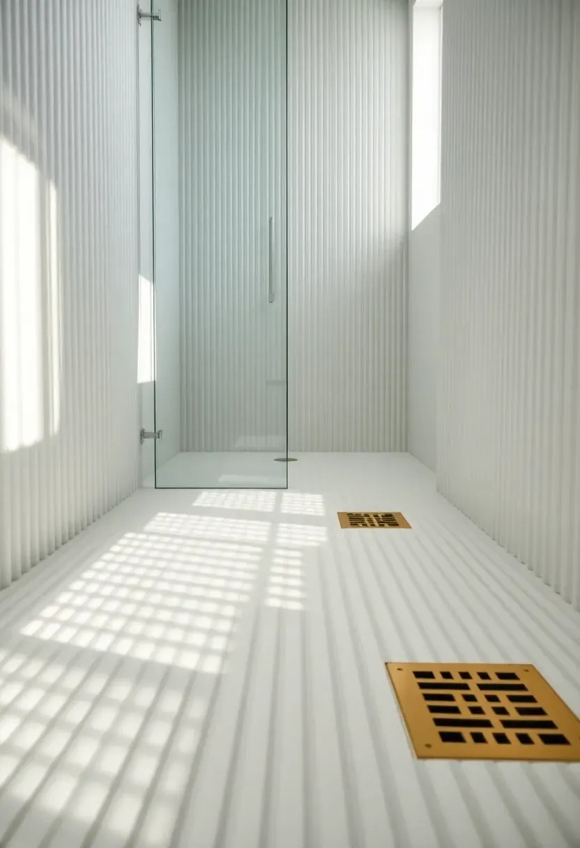 Three-dimensional fluted porcelain floor tile with vertical ridges creating shadow play in a luxury bathroom