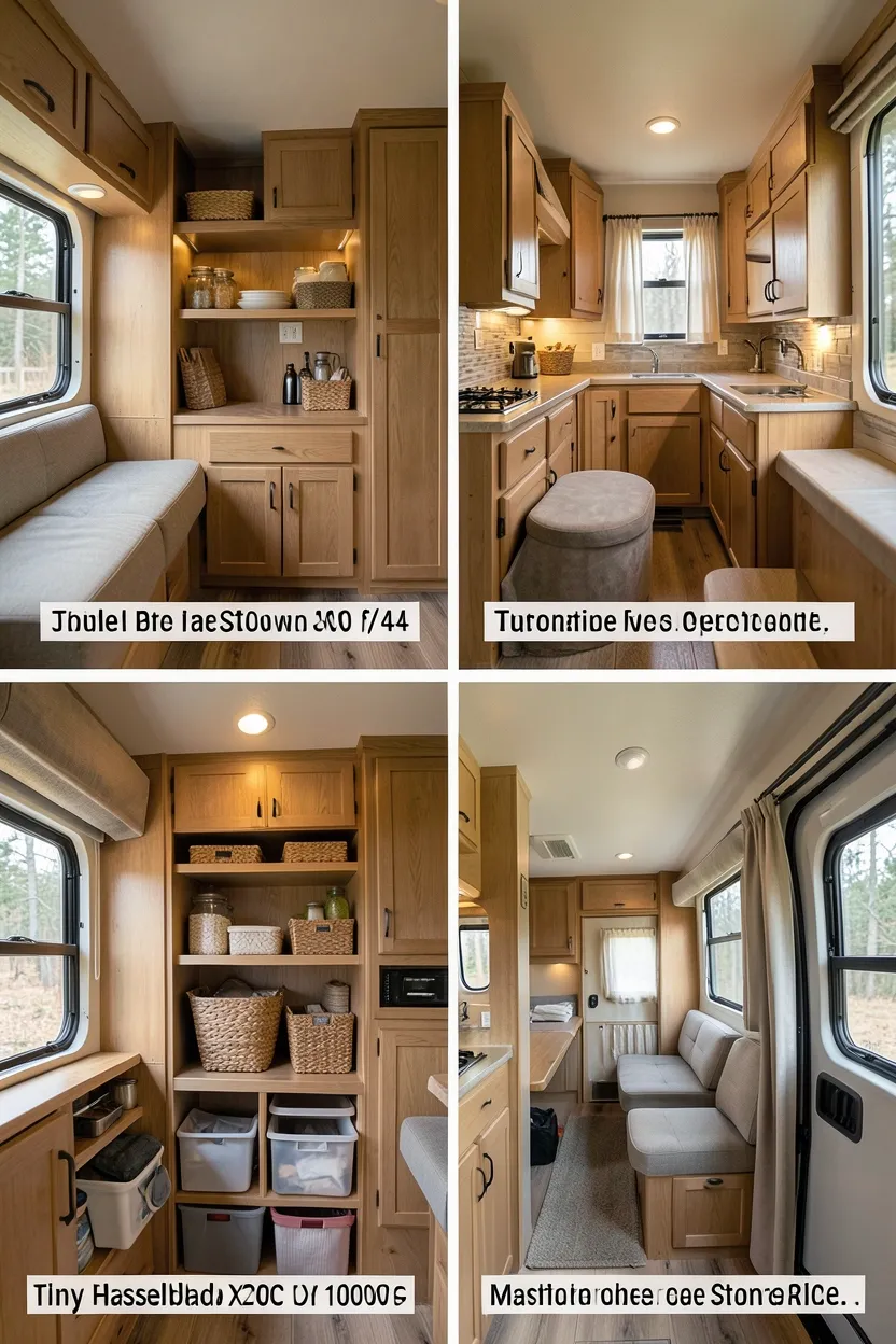 Tiny house interior with floor-to-ceiling built-in shelving and hidden under-stair storage maximizing every square foot of small space