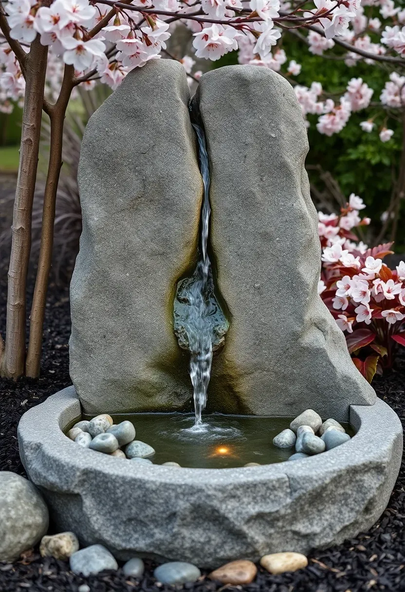 Front yard monolith granite boulder waterfall with water channeled through a natural fissure into a round cobble basin, flanked by ornamental cherry and white heuchera