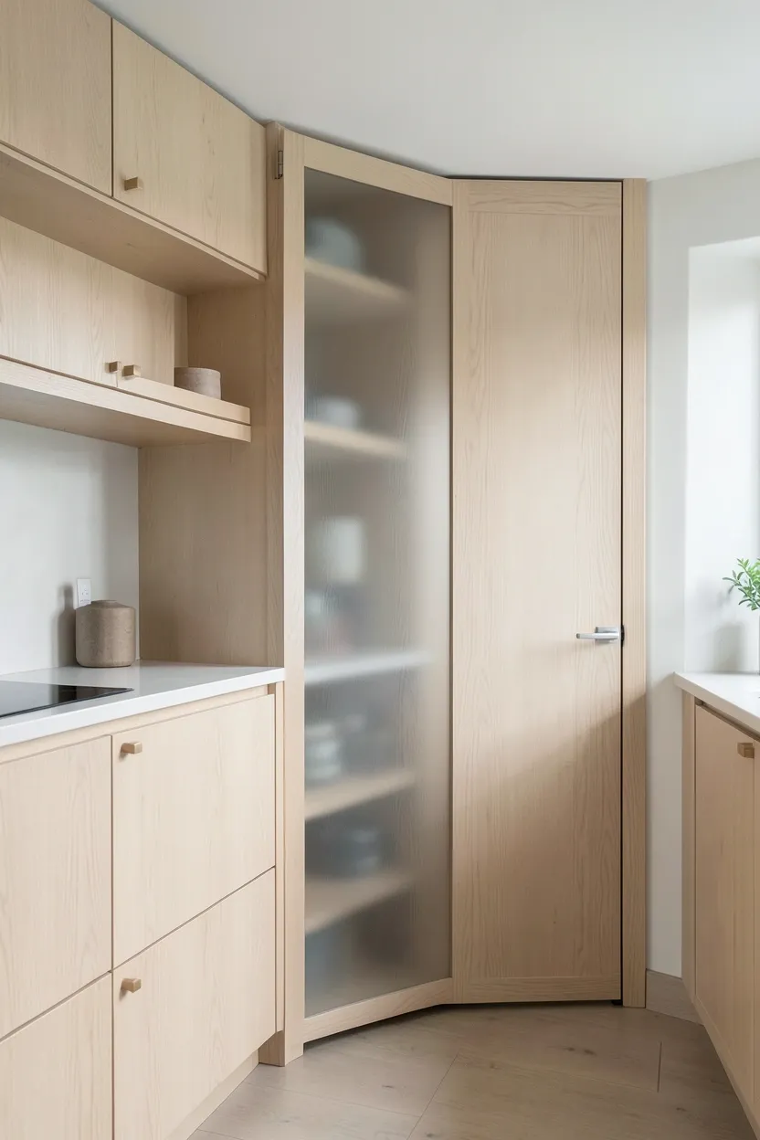 Japandi kitchen corner cabinet with pull-out lazy Susan mechanism in light wood matching main cabinetry
