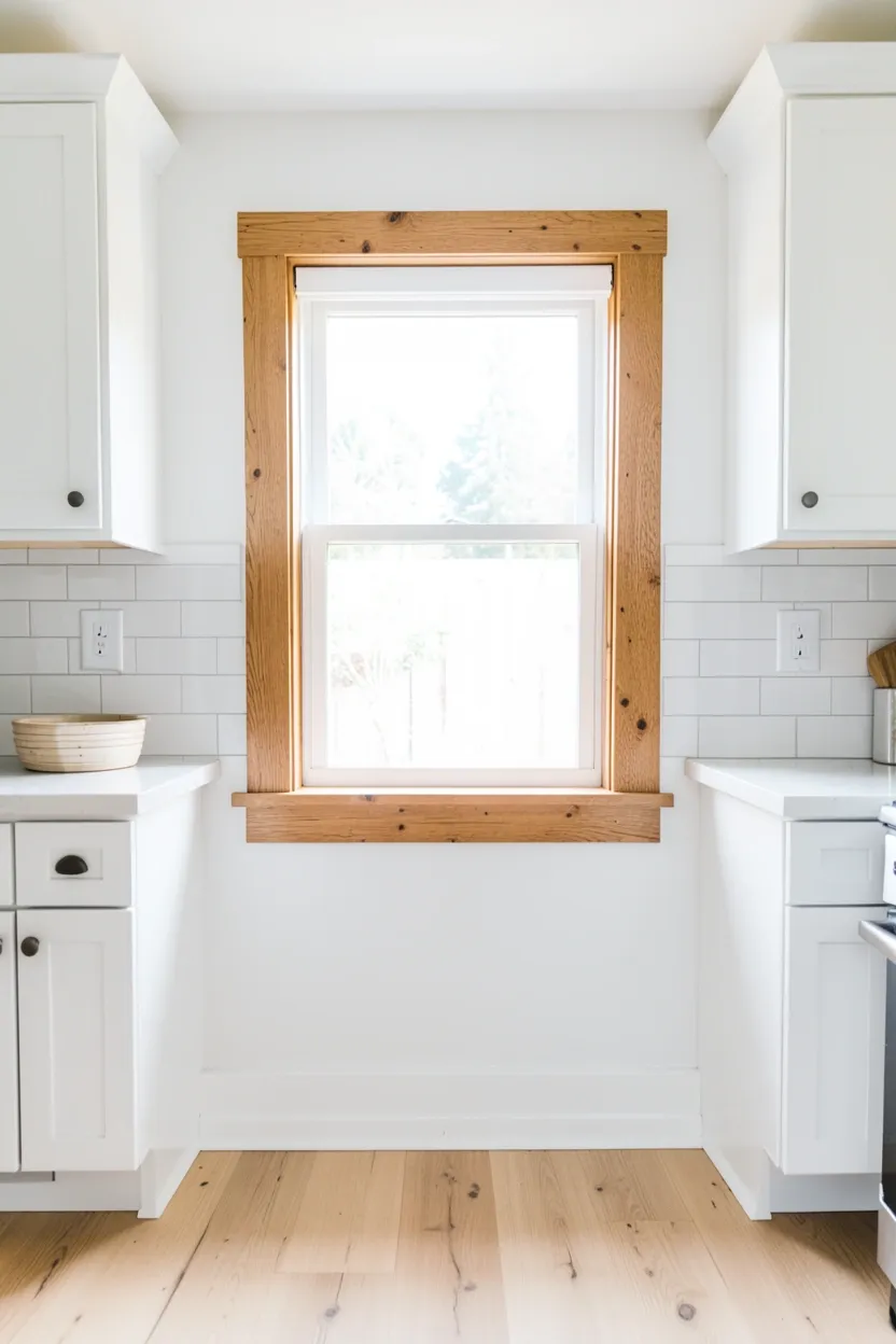 Kitchen window with natural wood frame and white sash, warm oak surround adding architectural character to a white and wood rental kitchen