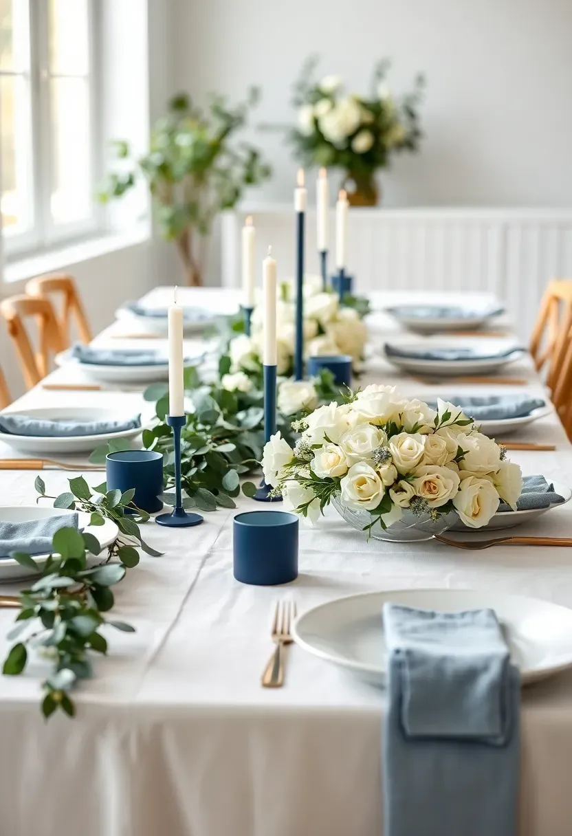blue floral greenery baby shower table with eucalyptus and white hydrangea garland runner, navy candles, and frosted glass centrepiece