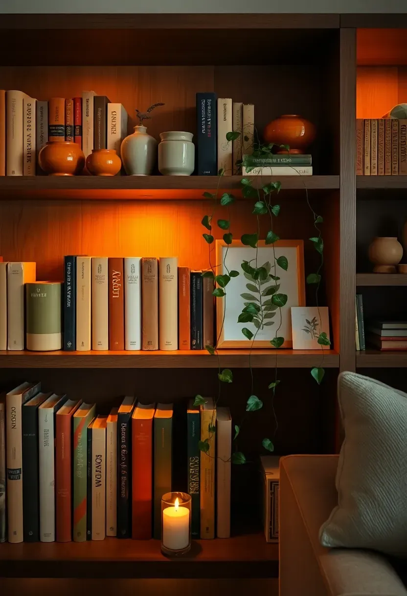 Fully styled living room shelves — warm earthy ceramics, stacked books with inward-facing spines, trailing pothos, small leaned framed print, a slim candle, negative space sections — evening ambient light