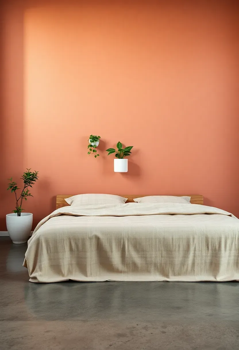 minimalist bedroom with clay pink accent wall behind a low platform bed with natural linen bedding and a single wall-mounted plant