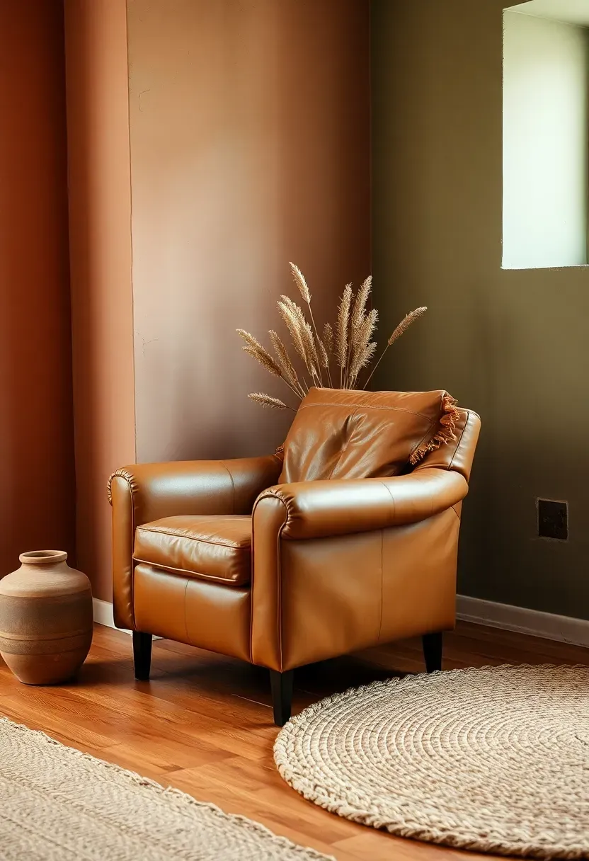 Living room painted in warm terracotta and sage green tones with a camel leather armchair, woven jute rug, and dried pampas grass arrangement