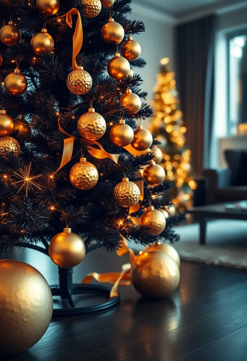 Hyper-realistic 3/4 view of a black artificial Christmas tree decorated with metallic gold ornaments in various shapes and finishes, with warm white lights. Materials: black artificial pine branches, gold-finished ornaments in shiny matte hammered textures, gold satin ribbon, warm LED lights. Low ambient room light with accent lighting (2700K), creating dramatic gold reflections on dark floor. Modern luxury mood, shallow depth of field with gold ornament details sharp, visible room context with dark contemporary furniture. No text, no logos, no watermarks.</p>