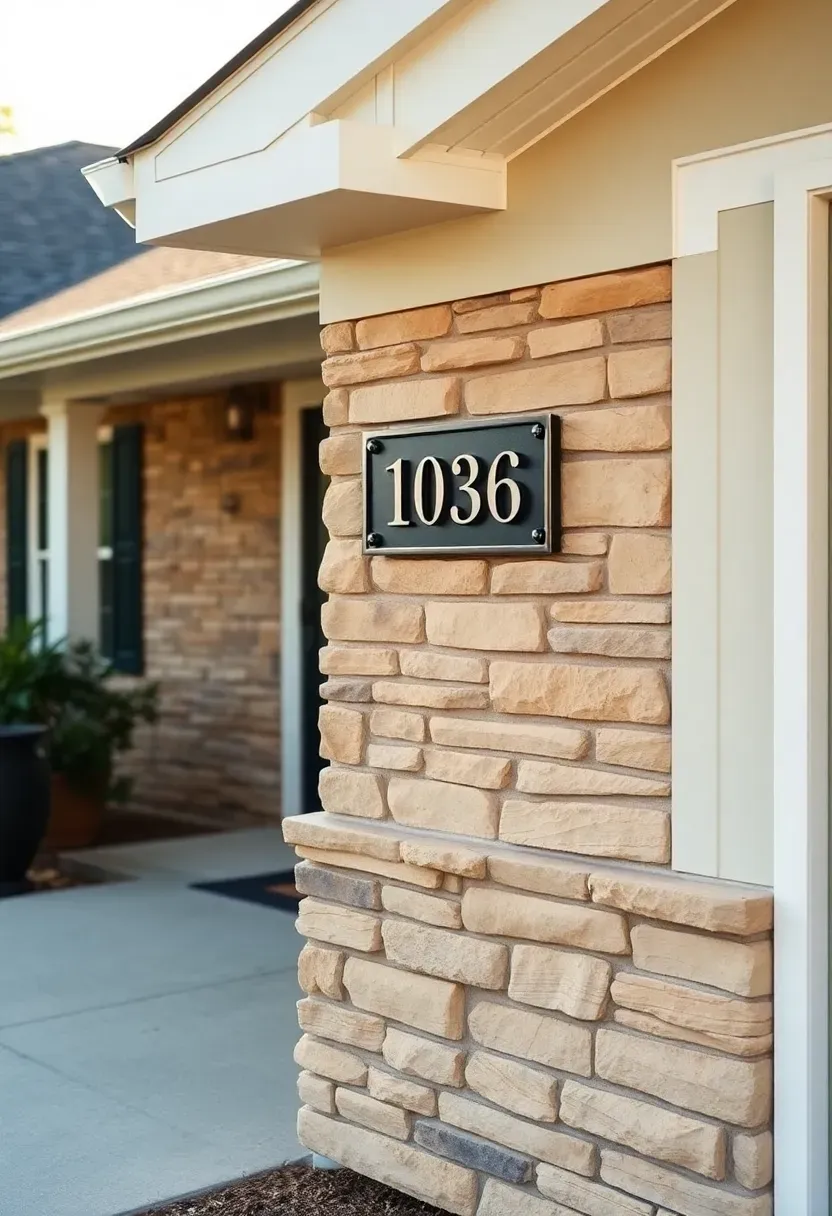 Ranch home stone veneer accent on foundation and porch columns with buff stacked ledger stone