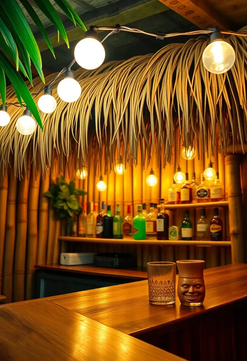 tropical tiki bar in a basement with bamboo countertop thatched roof overhang colorful rum bottles and string lights